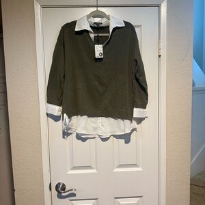 NWT Adrianna Papell Olive V-Neck Twofer Sweater with White Details